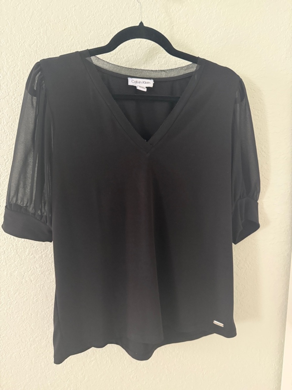 Calvin Klein Black V-Neck Sheer Puff Sleeve Blouse